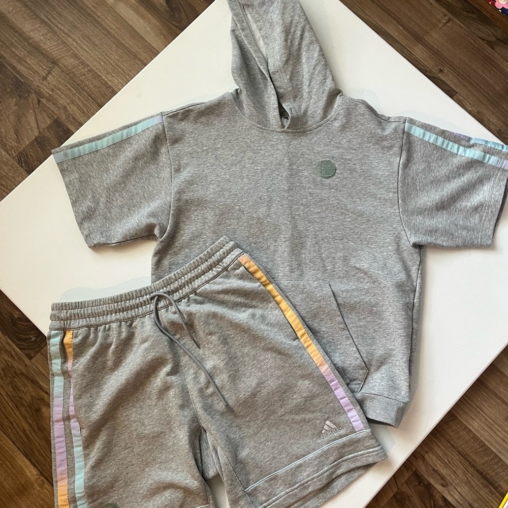 Adidas Men’s - Gray Hoodie and Shorts Set with Striped Accents